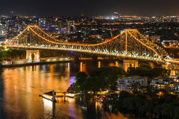 Fototapeta na wymiar Story Bridge lit up after dark, Brisbane, Queensland, Australia.