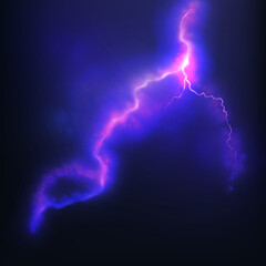 Lightning of blue on black background. Power of nature. Bright curved line on a black background.Glowing effect. Thunder bolt design.
