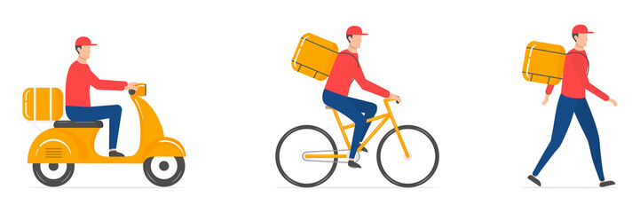 Online delivery service set. Scooter, bicycle courier and delivery man in red uniform. Delivery home and office collection. Fast and free delivery service. Vector illustration isolated on white.