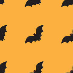 Bat seamless pattern, Bats flying on orange background, Halloween seamless pattern. 
