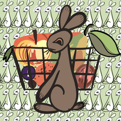 cartoon bunny with vegetables in grocery basket on background of silhouettes  another hare rabbits staying in line