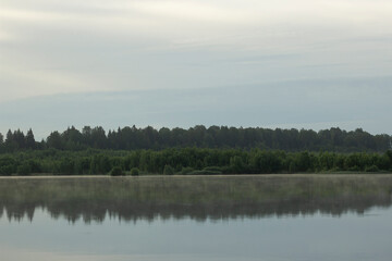 The lake is surrounded by forest. An immense morning lake.