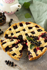 Delicious Berry pie summer with currant. Sweet pie, tart with fresh berry currant on stone countertop.
