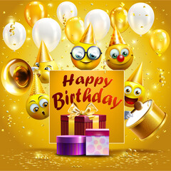 Template for Happy birthday card . Smileys wearing colorful birthday hats for party and celebrations. Vector illustration.Happy birthday party background with golden ribbons, confetti and balloons.
