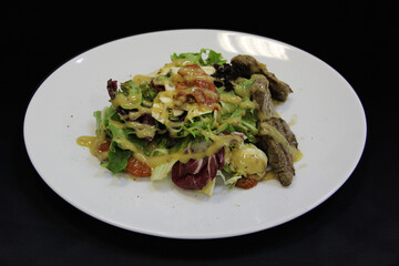 Fried meat, lettuce leaves, cheese, tomatoes, covered with sauce on the white plate