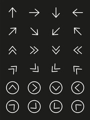 Set of white arrow on black background, Arrows vector icon, Line Arrow icon set.
