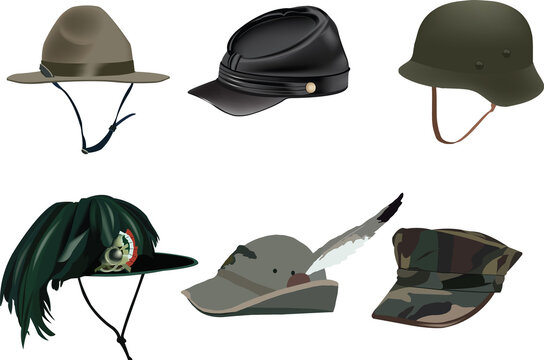 various military hats of various ancient and modern nations