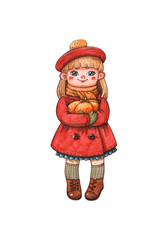 girl in red coat and barret with Halloween pumpkin
