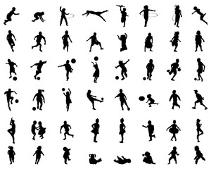 Black silhouettes of children playing on a white background