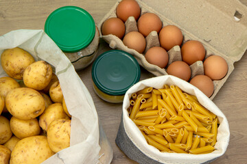 Zero waste grocery shopping. Package-free food on marble background. Flat lay