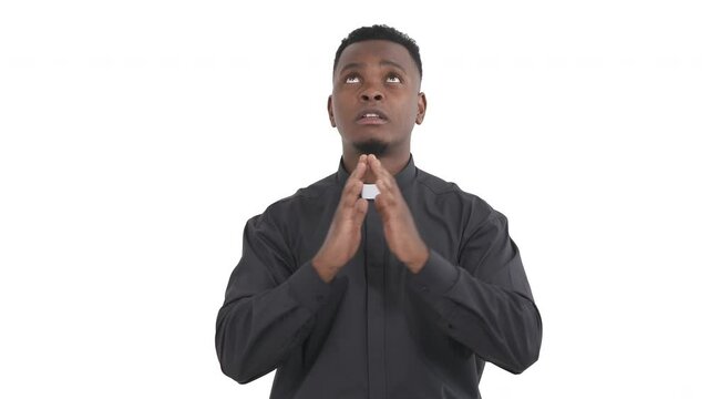 Portrait Of Pious African Priest Calling Everybody From All Sides To Join The Faithful To God Isolated On White Background