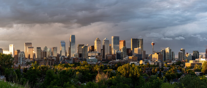 Panoramic view of Calgary during a spectacular sunset storm. 