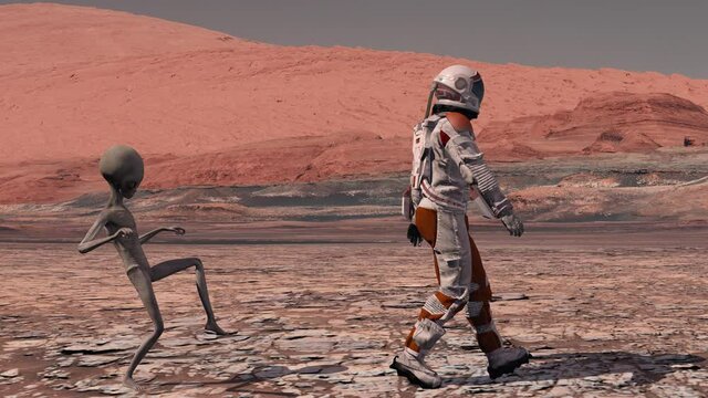 Martian sneaks behind an astronaut on Mars. Astronaut meets a Martian on Mars. First contact. Alien on Mars. 3d rendering. Elements of this video furnished by NASA.