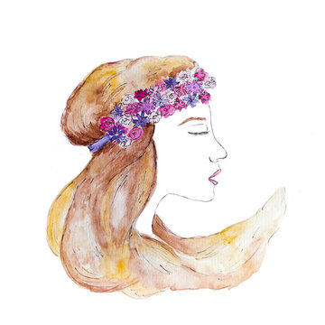 A sring girl with flowers in her head. Watercolor illustration
