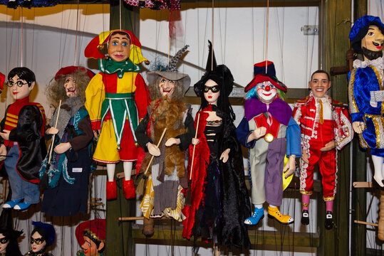 Prague, Czechia - June 18, 2020: Marionette dolls shop in Prague.