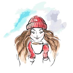 Vector illustration of young beautiful woman with long hair in a red hat and mittens with a cup of tea coffee. Girl with a warming hot drink in winter. Colorful watercolor effect sketch drawing on