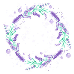 Lavender wreath Design with watercolor paint splashes Vector illustration