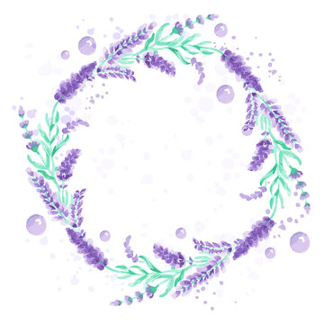 Lavender wreath Design with watercolor paint splashes Vector illustration