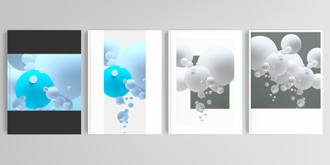 Realistic vector layouts of cover mockup design templates in A4 format for brochure, cover design, flyer, book design, magazine, poster. Abstract composition with 3d balls or spheres.