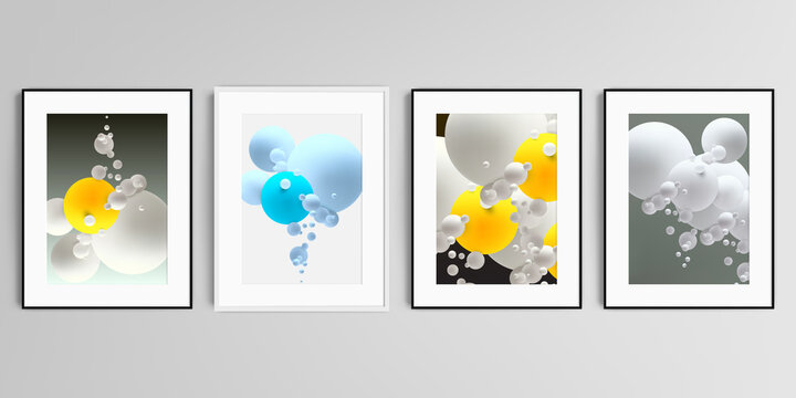 Realistic vector set of picture frames in A4 format isolated on gray background. Abstract composition with 3d balls or spheres.