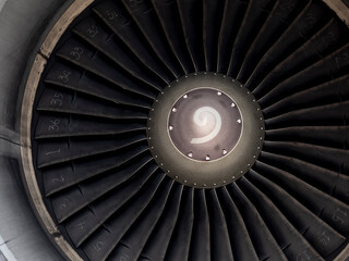 Aircraft engine vane turbine blades close up view. fan blades with number in details.