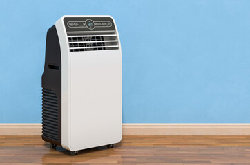 Portable Air Conditioner in room near wall, 3D rendering - obrazy, fototapety, plakaty