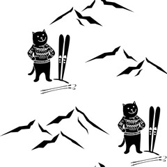 Seamless pattern with cartoon happy fun cat with alpine skiing and sticks and mountains. Endless texture with drawn animal character ski mountain landscape contour and silhouette black on a white