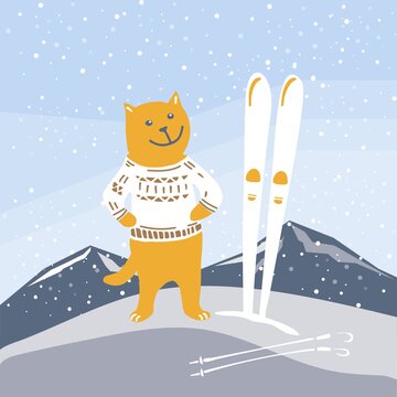 Cartoon colorful graphic illustration happy funny red cat in a sweater on top of the mountain with alpine skiing and sticks. Cat ski mountain. Animal character isolated on mountain landscape with snow