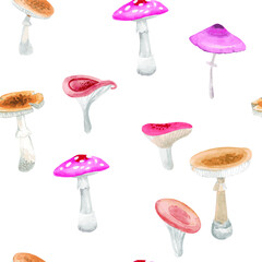 Mushrooms. Hand drawn watercolor painting on white background. Vector pattern