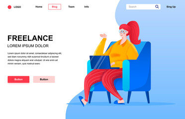 Freelance flat landing page composition. Young freelancer woman sitting in comfortable armchair with laptop. Colorful people character with noise texture vector illustration. Outsourcing, remote work