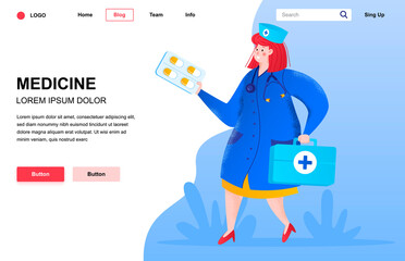 Medicine flat landing page composition. Smiling woman therapist holding pills. Colorful people character with noise texture vector illustration. Medical diagnosis and treatment, pharmaceutical company