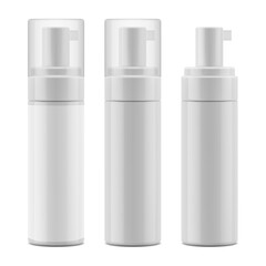 Plastic blank glossy bottle with dispenser and transparent cap. Mockup packaging for cosmetics. Vector EPS 10.