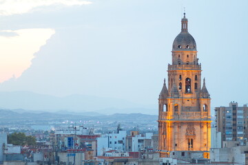 illuminated tower of the cathedral of murcia