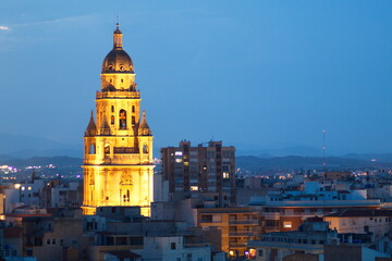 illuminated tower of the cathedral of murcia