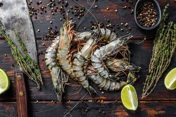 Fresh tiger shrimps, prawns with spices and herbs. Black woodenbackground. Top view - obrazy, fototapety, plakaty