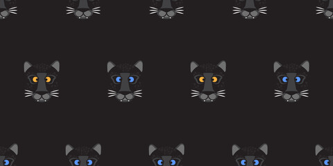 Animal (wild cat) Seamless pattern. Cartoon Panther face on dark background.