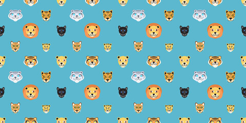 Animal (wild cat) Seamless pattern. Cartoon wild cat face on blue background.
