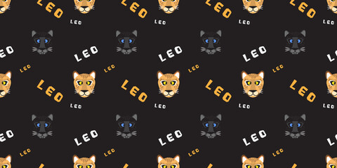Animal (wild cat) Seamless pattern. Cartoon Leopard face on dark background. © PUPIL MINER