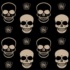 Seamless pattern with sepia coloured skulls and roses on black background. Repetitive vector illustration. 