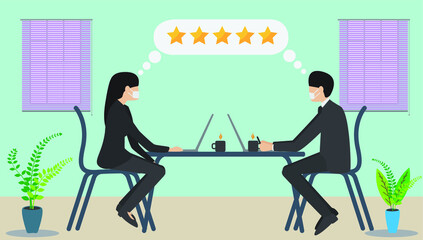Star Rating. Businessman hand giving five star rating. Five stars customer product rating review flat icon. Feedback concept