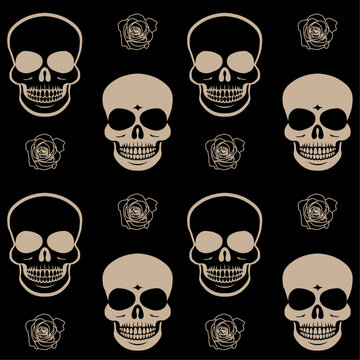 Seamless pattern with sepia coloured skulls and roses on black background. Repetitive vector illustration. 