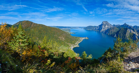 Peaceful autumn Alps mountain Traunsee lake view from Kleiner Sonnstein rock summit, Ebensee, Upper Austria.