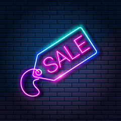 Fototapeta na wymiar Glowing neon tag with word SALE on dark brick wall background. Shopping discount advertising banner, vector illustration