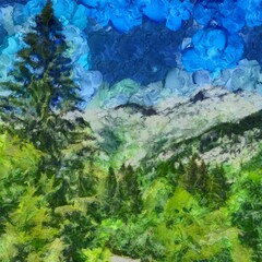 Fototapeta na wymiar Digital painting nature landscape artwork. Mountains scenery art. Designe print.