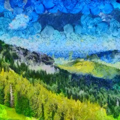 Fototapeta na wymiar Digital painting nature landscape artwork. Mountains scenery art. Designe print.