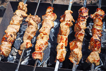 Juicy slices of meat are cooking on the open fire