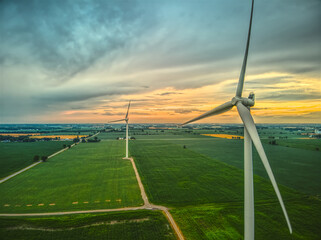 Fototapeta na wymiar Aerial Image of Rural Wind Turbines at Sunset, Southwestern Ontario, Canada