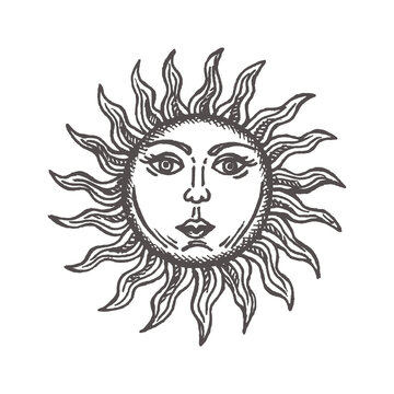 Sun with face stylized as engraving Hand drawn Vector astrology symbol