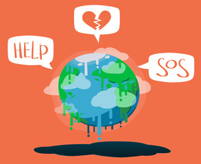 Flat illustration, global warming, the Earth is melting and asking for help