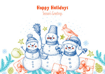 Christmas greeting card. Hand drawn sketch. Vector illustration. Christmas invitation design template. Sketch collection. Snowmen, bird, gift box, holiday banner